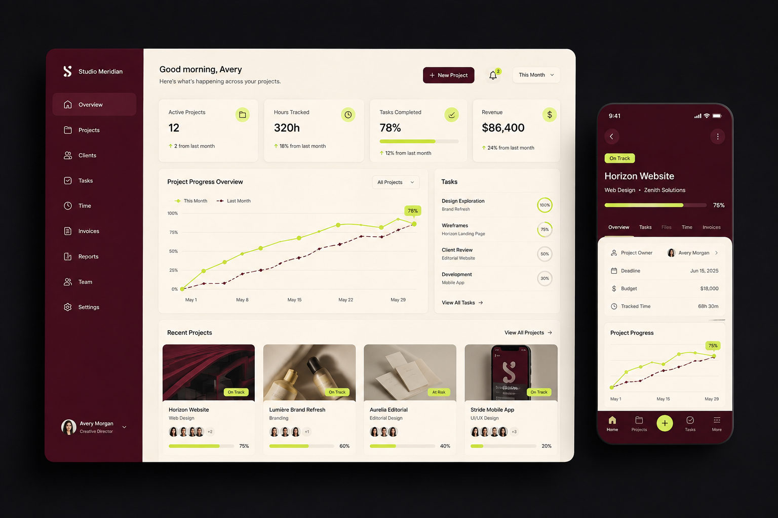 Illustrative customer dashboard and mobile app with project progress and charts
