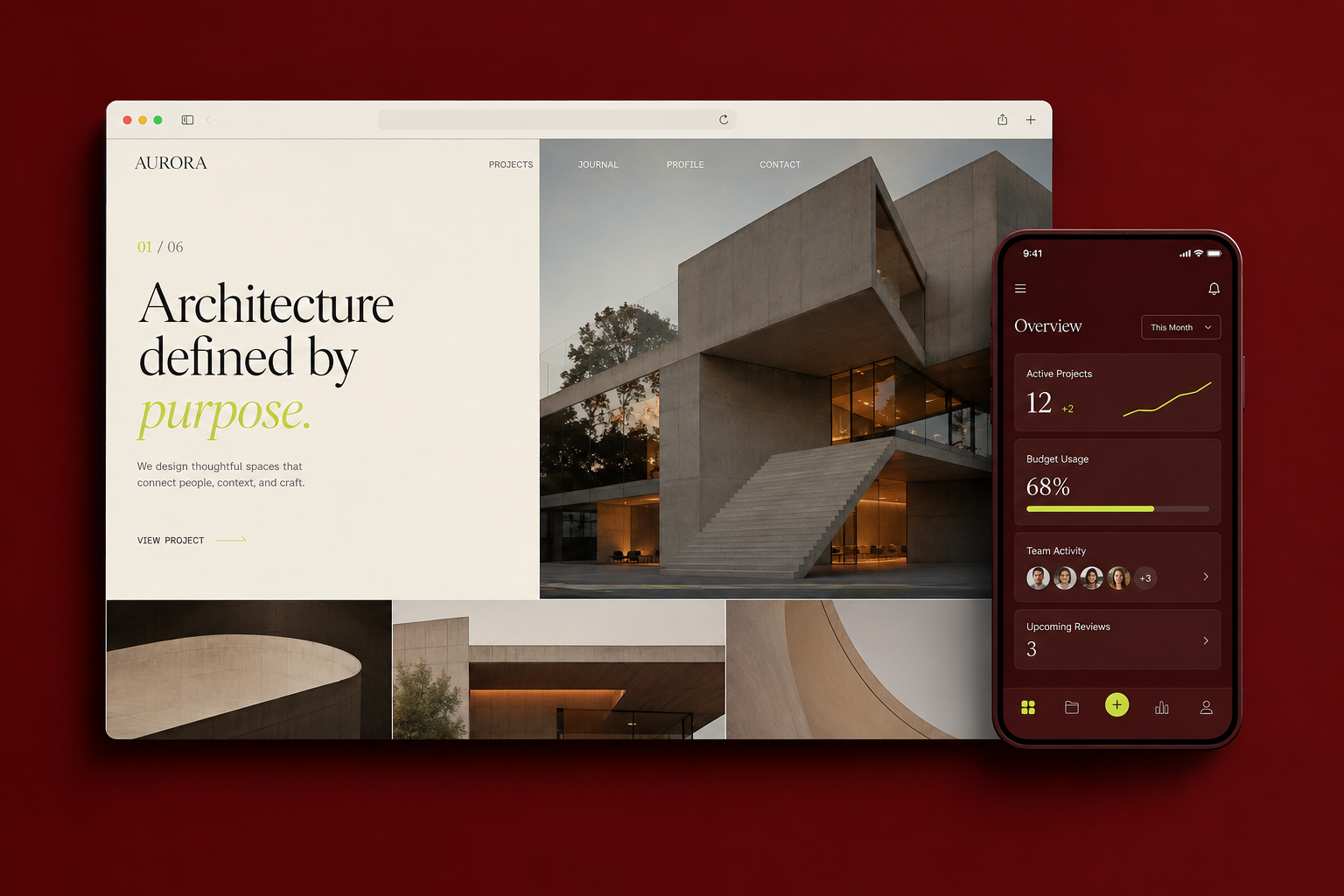 Illustrative website and app concept in Elixir Studio’s burgundy and cream palette