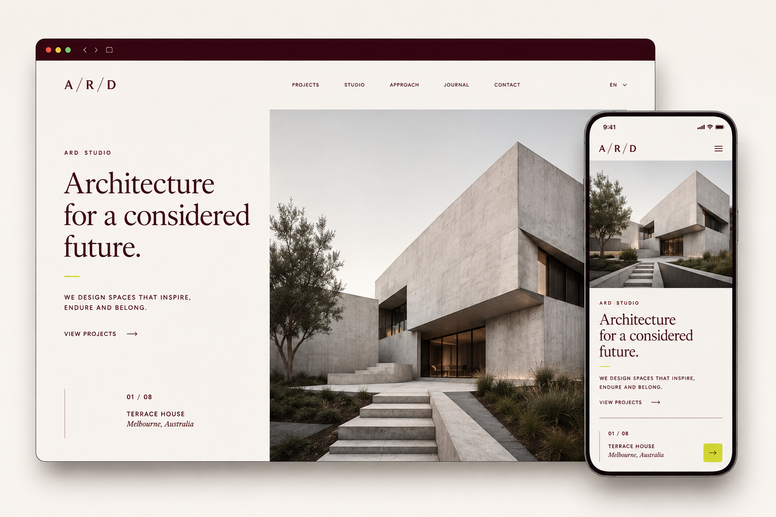 Illustrative architecture website shown in desktop and mobile layouts